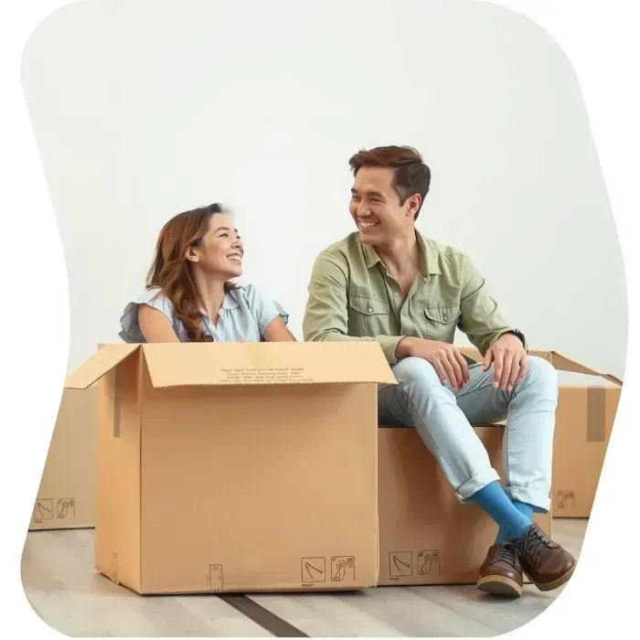Two guys sitting on the floor of their apartment with Muval moving boxes